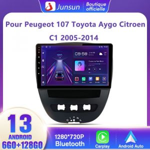 Junsun Autoradio 4G Android 13 6Go+128Go pour Peugeot 107 Toyota Aygo Citroen C1 10 Écran Tactile avec Carplay WiFi Android Auto