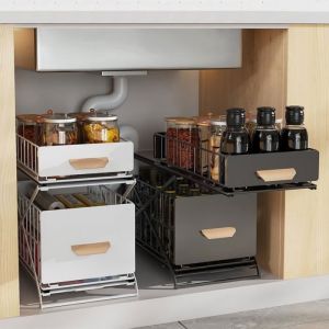 NOIR Meuble Sous &Eacute;vier Pliable pour cuisine Willonin&reg; &Eacute;tag&egrave;re &agrave; &Eacute;pices pliante et Hauteur reglable Tiroir Retractable 26x40x43 cm