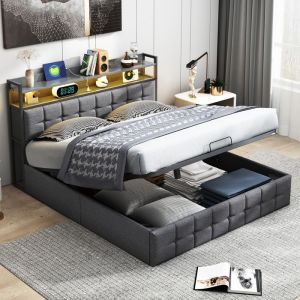Lit coffre 140 x 190 cm lit 140x190 avec sommier lit adulte avec port USB et LED cadre de lit avec tete de lit Gris lin