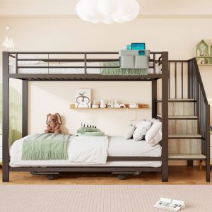 Lit superpos&eacute; 90/180 x 200 cm structure en fer lit gigogne avec sac de rangement en tissu &eacute;chelle avec espace de rangement noir