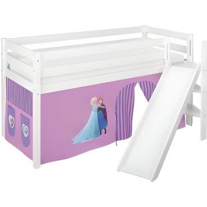 Lit surélevé ludique JELLE 90x200 cm Frozen lilas - LILOKIDS - blanc laqué - avec toboggan incliné et rideaux