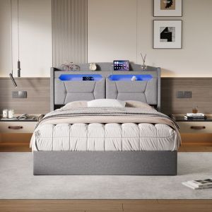 Lit Coffre 140x190 avec LedLit Rembourré HydrauliqueLit Rembourré avec RangementLit 2 PersonnesLit CapitonnéLinGris Clair