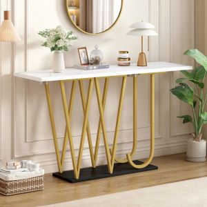 Table Console Effet Marbre Table de Couloir Table &agrave; Manger en Bois pour Entr&eacute;e Cuisine Salon 120 x 29.5 x 80 cmBlanc + Dor&eacute;