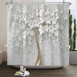 Rideau de douche en tissu polyester imperm&eacute;able - Fleurs belles &eacute;l&eacute;gantes - 180 x 200 cm - Blanc ou argent