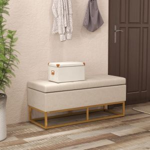 Banc banquette coffre de rangement 2 en 1 assise capitonn&eacute;e et pieds acier 110 x 44 x 48 cm beige et dor&eacute;