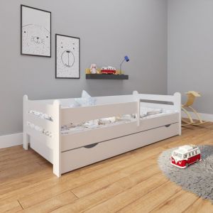 Lit enfant 180x80 cm en bois avec sommier - Barrière de lit et tiroir inclus -  Lit simple avec rangement - Lit fille garçon -