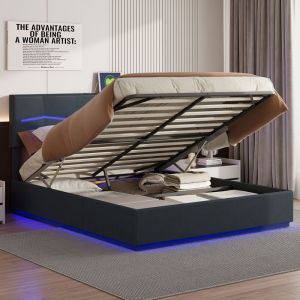 Lit coffre 180 x 200 Lit 180 x 200 Tête de lit et sous le lit avec lumières LED réglablesChargement USB PU Noir