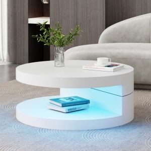 Table basse salon Pivotante à 360° Double Couche LED 16 Couleurs Rangement Ouvert Style Moderne élégant 70x70x355cm Blanc brillant