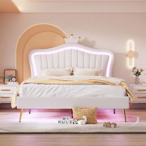 Lit enfant Lit denfant cadre de lit pour filles double cadre de lit en cuir PU blanc avec lampes LED Lit capitonné 140x200cm