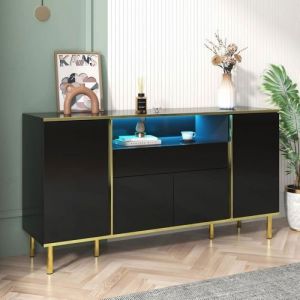 DINKALEN Buffet Salon 150 cm Blanc 150 x 40 x 80 cm Buffet avec Lumi&egrave;re LED Compartiment Ouvert 4 Portes et 1 Tiroirs Commode Noir