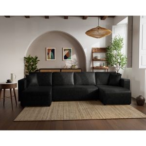 Topaze - canapé panoramique en U 7 places convertible avec coffre en simili - Noir
