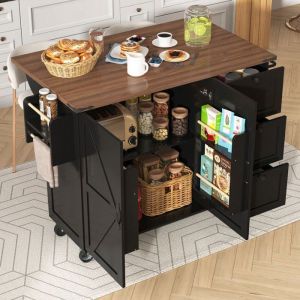 Îlot de Cuisine Chariot darmoires de Cuisine avec Plan de Travail escamotableChariot de Salle à Manger avec 2 Portes et 3