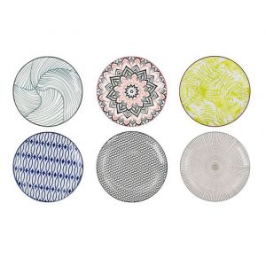 Lot de 18 assiettes plates ERES rondes plat de service à pâtes salades et desserts plats sucrés en porcelaine multicolore