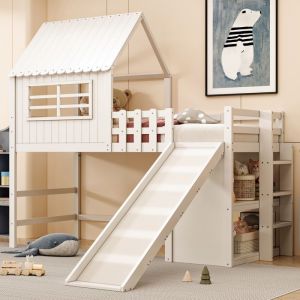 OKWISH Lit Mezzanine 90x200 cm  Lit Cabane - Avec Toboggan et &Eacute;chelle Rangements et Sommier - Bois Blanc (Sans Matelas)