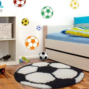 Tapis pile longue Enfant Football Basketball - CARPETTEX - 100 cm Rond - Synthétique - Noir-Blanc