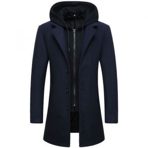 Caban Homme - MARQUE - Bleu marine - Capuche amovible - Fermeture &eacute;clair et Boutons - Laine + Polyester