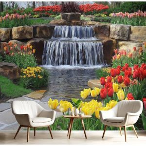 Papier Peints Panoramique Étang Cascade Poster Geant Mural 3D Thème Source Fleurs  DEnfant Décoration Murale 350x250cm