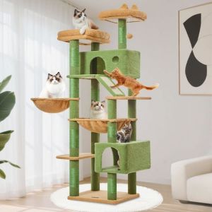 Arbre &agrave; chat Maine Coon 180cm stable XXL avec 2 condos spacieux 8 griffoirs 2 plateformes panier hamac vert