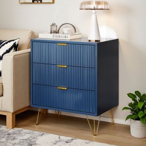 Commode 3 Tiroirs - Table de Chevet avec Poign&eacute;es - Table d&rsquo;Appoint - Buffet Bas Scandinave - en Bois - 60x40x70 cm - Bleu Marine