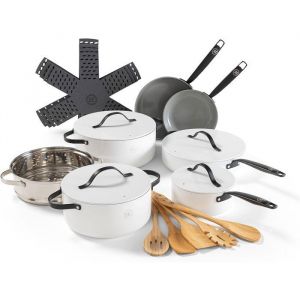 BE Living Batterie de Cuisine 6 pcs Po&ecirc;les Sauteuse Faitout Casserole & Cuiseur Vapeur + Ustensiles & Prot&egrave;ge-Po&ecirc;les Blanc