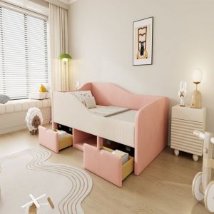 Canap&eacute;-lit rembourr&eacute; 90x190 cm avec deux tiroirs et barri&egrave;re de s&eacute;curit&eacute; cadre de lit adulte lit simple en velours rose + cr&egrave;me