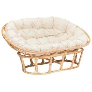 Banquette 2 places canapé rembourré en tissu beige et rotin naturel - Longueur 170 x Profondeur 81 x Hauteur 108 cm