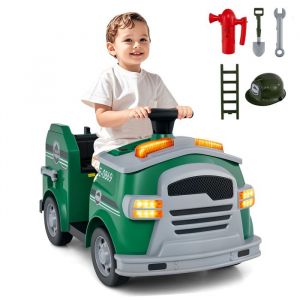 DREAMADE Voiture de Pompier Électrique 12v pour Enfants Camion de Pompiers avec Pelle Clé Échelle Casque de Sécurité Vert