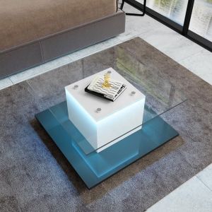 Table basse Maisentiel design contemporain en verre tremp&eacute; blanc et noir avec LED r&eacute;glable et roulettes