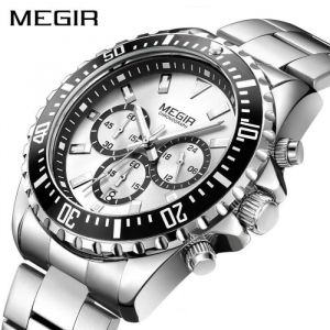MEGIR hommes montre marque affaires quartz en acier inoxydable étanche chronographe militaire argent