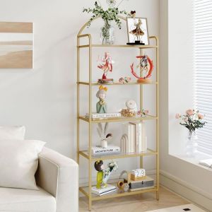 Biblioth&egrave;que 5 Niveaux &Eacute;tag&egrave;re en &eacute;chelle en Verre tremp&eacute; &eacute;tag&egrave;re Mince pour la Chambre la Salle de BainCadre en M&eacute;tal Dor&eacute;