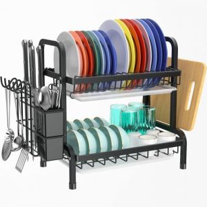 Égouttoir à Vaisselle INOX 2 Étages avec Égouttoir Et Support pour Couverts - Noir