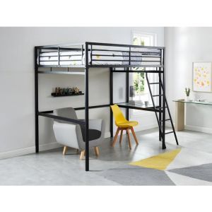 Lit mezzanine métal anthracite - Vente-unique - CASUAL II - Bureau intégré - 140x190 cm - 2 places