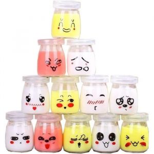 12 Pots Yaourt en Verre avec Couvercles hermetique100ml petit Pot de Yaourt emoticone Enfant Pot de Yaourt vide pour A380