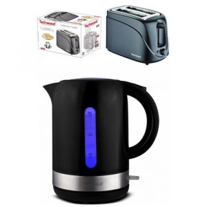 Bouilloire Electrique Sans Fil Noire 17L 2200W - TECHWOOD - Socle 360° - Grille-pain Noir 2 Fentes 700W