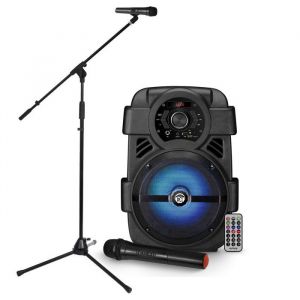Enceinte autonome SONIC08 &agrave; LED - 400W - USB/BT/ AUX - T&eacute;l&eacute;commande + Support Longue perche avec Micro VHF Karaok&eacute; Chant