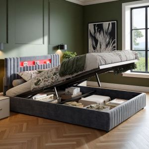 Cadre de lit 140x190 cm DAIDAI Velours Gris Lit adulte 140x190 cm avec LED et hydraulique  Style scandinave Sommier &agrave; lattes