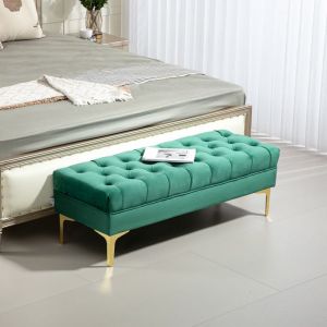 Banc banquette capitonn&eacute;e bout de lit style classique chic dim. 118L x 45l x 42H cm pi&egrave;tement m&eacute;tal dor&eacute; velours vert