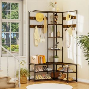 Porte Manteau dAngle en Métal - Meuble d’Entrée avec Porte-Chaussures - 5 Étagères de Rangement 10 Patères