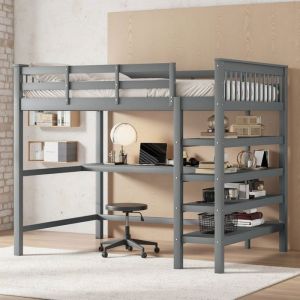 Lit mezzanine 140 x 200 cm， Lit enfant avec Escalier Etagère de rangement et bureau lit double- gris