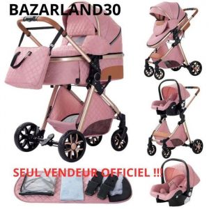 BAZARLAND30.Poussette 3 en 1 Bébé Combinée Siège-Auto Nacelle Trio Réversible Réglable Haute Qualité Roues increvables Canne. ROSE