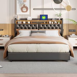 Lit Coffre en Cuir Noir 160x200 cm avec Tête de Lit LED Ports USB Lit Double avec Coffre de Rangement et Sommier à Lattes