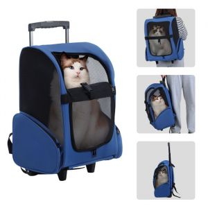 Sac &agrave; dos pliable Sac de transport &agrave; roulettes pour chien chat animaux - Bleu - Tissu Oxford - 42*26*55cm