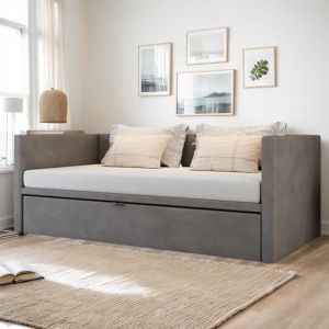 Lit gigogne 90/180x200cm Canap&eacute;-lit extensible Lit capitonn&eacute; avec lit escamotable avec sommier &agrave; lattes gris