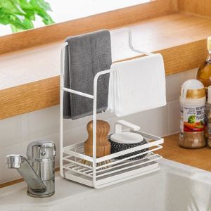 Rangement Evier Cuisine Support Brosse &Eacute;ponge Organiseur pour &agrave; Poser Acier Inoxydable - Blanc