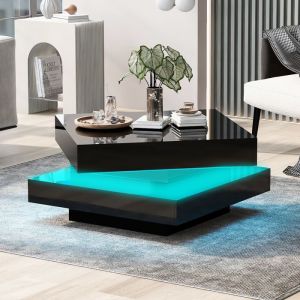 Table basse carr&eacute;e 70 x 70 x 36 cm plateau tournant 360&deg; avec LED pilotable par appli panneaux de particules noir laqu&eacute;