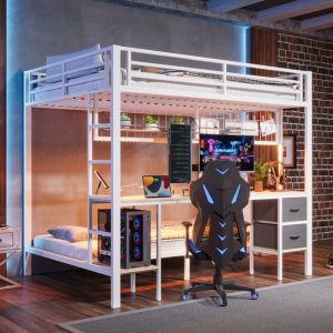 lit Mezzanine 2 Places avec Bureau Port USB Bande LED 7 Couleurs 2 tiroirs et étagères lit superposé 90x200 et 140x200 en Métal