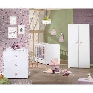 Chambre bébé trio Basic coeur: lit 120x60 commode à langer et armoire - Babyprice - Blanc