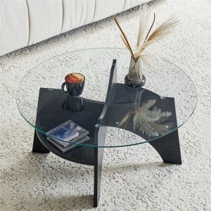Table Basse Ronde Verre Tremp&eacute; et Bois Table Basse&nbsp;Salon Transparente Moderne Design avec Pieds en Noir et Compartiment 80x80x36 cm