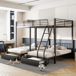 Trois lits superposés avec tiroirs sommier en métal transformable en lit double 140 x 200 et deux lits simples 90 x 200 noir