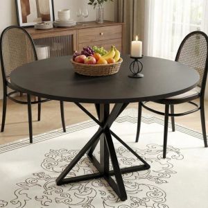 Table de salle &agrave; manger - Garvee - 120 cm de diam&egrave;tre - Rond - pour 4 &agrave; 6 personnes - avec pied central en m&eacute;tal - Noir